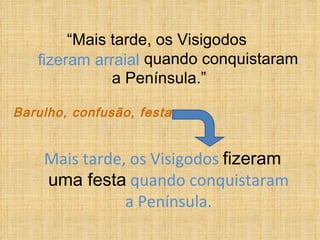 “ Mais tarde, os Visigodos    quando conquistaram a Península.” Mais tarde, os Visigodos  fizeram uma festa  quando conquistaram a Península. Barulho, confusão, festa. fizeram arraial 