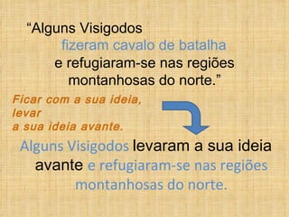 “ Alguns Visigodos  e refugiaram-se nas regiões montanhosas do norte.” Alguns Visigodos  levaram a sua ideia avante   e refugiaram-se nas regiões montanhosas do norte. Ficar com a sua ideia, levar  a sua ideia avante. fizeram cavalo de batalha 