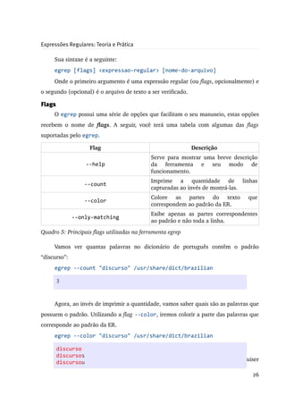 Expressões Regulares: Teoria e Prática

      Sua sintaxe é a seguinte:
      egrep [flags] <expressao-regular> [nome-do-arquivo]
      Onde o primeiro argumento é uma expressão regular (ou flags, opcionalmente) e 
o segundo (opcional) é o arquivo de texto a ser verificado.

Flags
      O egrep possui uma série de opções que facilitam o seu manuseio, estas opções 
recebem   o   nome   de  flags.   A   seguir,   você   terá   uma   tabela   com   algumas   das  flags 
suportadas pelo egrep.

                       Flag                                            Descrição
                                                    Serve para  mostrar uma breve descrição 
                     --help                         da   ferramenta   e   seu   modo   de 
                                                    funcionamento.
                                                    Imprime   a   quantidade   de   linhas 
                    --count
                                                    capturadas ao invés de mostrá­las.
                                                    Colore   as   partes   do   texto   que 
                    --color
                                                    correspondem ao padrão da ER.
                                                    Exibe   apenas   as   partes   correspondentes 
              --only-matching
                                                    ao padrão e não toda a linha.
Quadro 5: Principais flags utilizadas na ferramenta egrep

      Vamos   ver   quantas   palavras   no   dicionário   de   português   contêm   o   padrão 
“discurso”:
      egrep --count "discurso" /usr/share/dict/brazilian

        3


      Agora, ao invés de imprimir a quantidade, vamos saber quais são as palavras que 
possuem o padrão. Utilizando a flag --color, iremos colorir a parte das palavras que 
corresponde ao padrão da ER.
      egrep --color "discurso" /usr/share/dict/brazilian

      discurso
      discursos
      Como você pôde ver nos exemplos acima, as flags são muito úteis. Se você quiser 
      discursou

                                                                                                    26
 