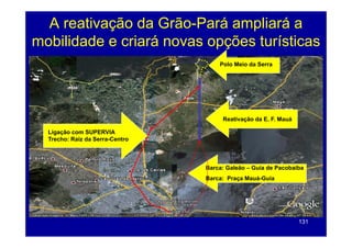 A reativação da Grão-Pará ampliará a
mobilidade e criará novas opções turísticas
                                     Polo Meio da Serra




                                      Reativação da E. F. Mauá

  Ligação com SUPERVIA
  Trecho: Raiz da Serra-Centro



                                 Barca: Galeão – Guia de Pacobaiba
                                 Barca: Praça Mauá-Guia
                                              Mauá Guia




                                                                 131
 