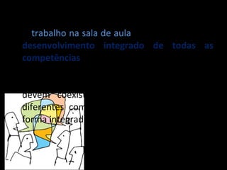 O  trabalho na sala de aula  deve promover um  desenvolvimento integrado de todas as competências , o que significa que as “actividades planificadas com o objectivo de desenvolver uma competência específica devem coexistir com actividades onde as diferentes competências são trabalhadas de forma integrada”.  (pág. 68) 