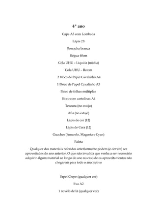 4º ano
                         Capa A3 com Lombada

                                 Lápis 2B

                             Borracha branca

                               Régua 40cm

                       Cola UHU – Líquida (média)

                            Cola UHU – Batom

                      2 Bloco de Papel Cavalinho A4

                      1 Bloco de Papel Cavalinho A3

                        Bloco de folhas múltiplas

                         Bloco com cartolinas A4

                            Tesoura (no estojo)

                              Afia (no estojo)

                             Lápis de cor (12)

                            Lápis de Cera (12)

                   Guaches (Amarelo, Magenta e Cyan)

                                  Paleta

   Qualquer dos materiais referidos anteriormente podem (e devem) ser
aproveitados do ano anterior. O que não invalida que venha a ser necessário
adquirir algum material ao longo do ano no caso de os aproveitamentos não
                    chegarem para todo o ano lectivo



                        Papel Crepe (qualquer cor)

                                  Eva A2

                       1 novelo de lã (qualquer cor)
 