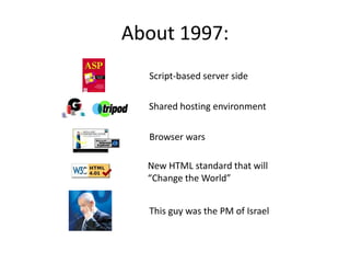 About 1997:
Script-based server side
Shared hosting environment
Browser wars
New HTML standard that will
“Change the World”
This guy was the PM of Israel
 