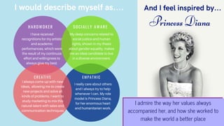 H A R D W O K E R S O C I A L L Y A W A R E
C R E A T I V E E M P A T H I C
I admire the way her values always
accompanied her, and how she worked to
make the world a better place
Princess Diana
