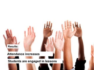 Results:
Attendance increases
Students are engaged in lessons
 