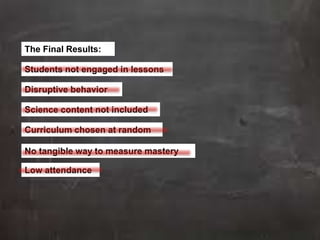 Students not engaged in lessons
Disruptive behavior
Science content not included
Curriculum chosen at random
No tangible way to measure mastery
Low attendance
The Final Results:
 