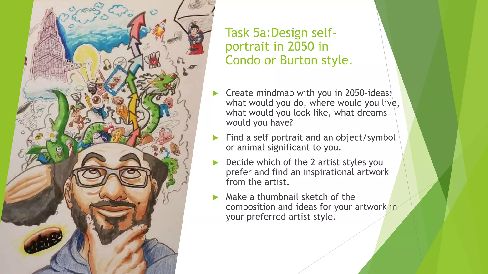 Task 5a:Design self-
portrait in 2050 in
Condo or Burton style.
 Create mindmap with you in 2050-ideas:
what would you do, where would you live,
what would you look like, what dreams
would you have?
 Find a self portrait and an object/symbol
or animal significant to you.
 Decide which of the 2 artist styles you
prefer and find an inspirational artwork
from the artist.
 Make a thumbnail sketch of the
composition and ideas for your artwork in
your preferred artist style.
 
