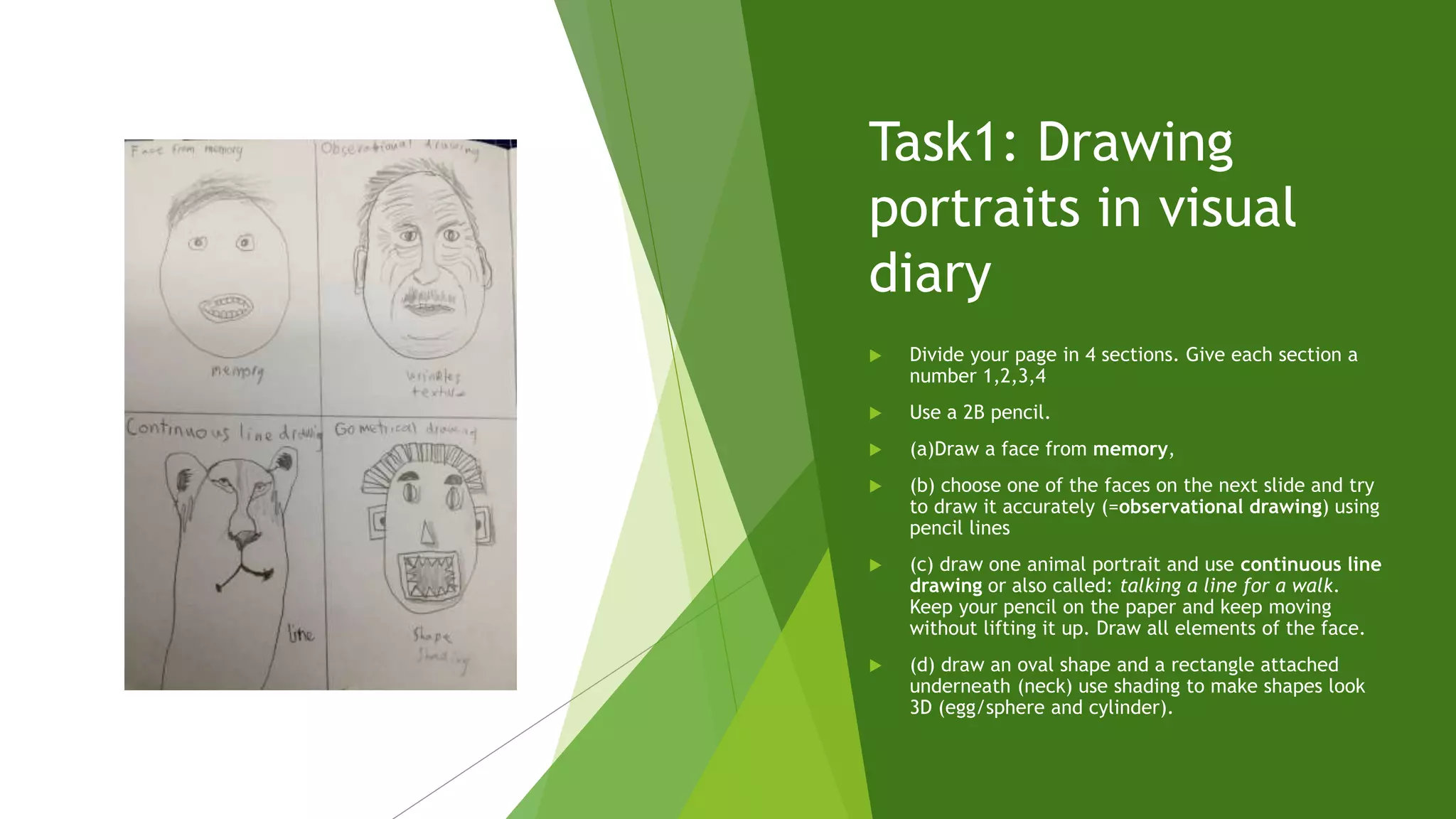 Task1: Drawing
portraits in visual
diary
 Divide your page in 4 sections. Give each section a
number 1,2,3,4
 Use a 2B pencil.
 (a)Draw a face from memory,
 (b) choose one of the faces on the next slide and try
to draw it accurately (=observational drawing) using
pencil lines
 (c) draw one animal portrait and use continuous line
drawing or also called: talking a line for a walk.
Keep your pencil on the paper and keep moving
without lifting it up. Draw all elements of the face.
 (d) draw an oval shape and a rectangle attached
underneath (neck) use shading to make shapes look
3D (egg/sphere and cylinder).
 