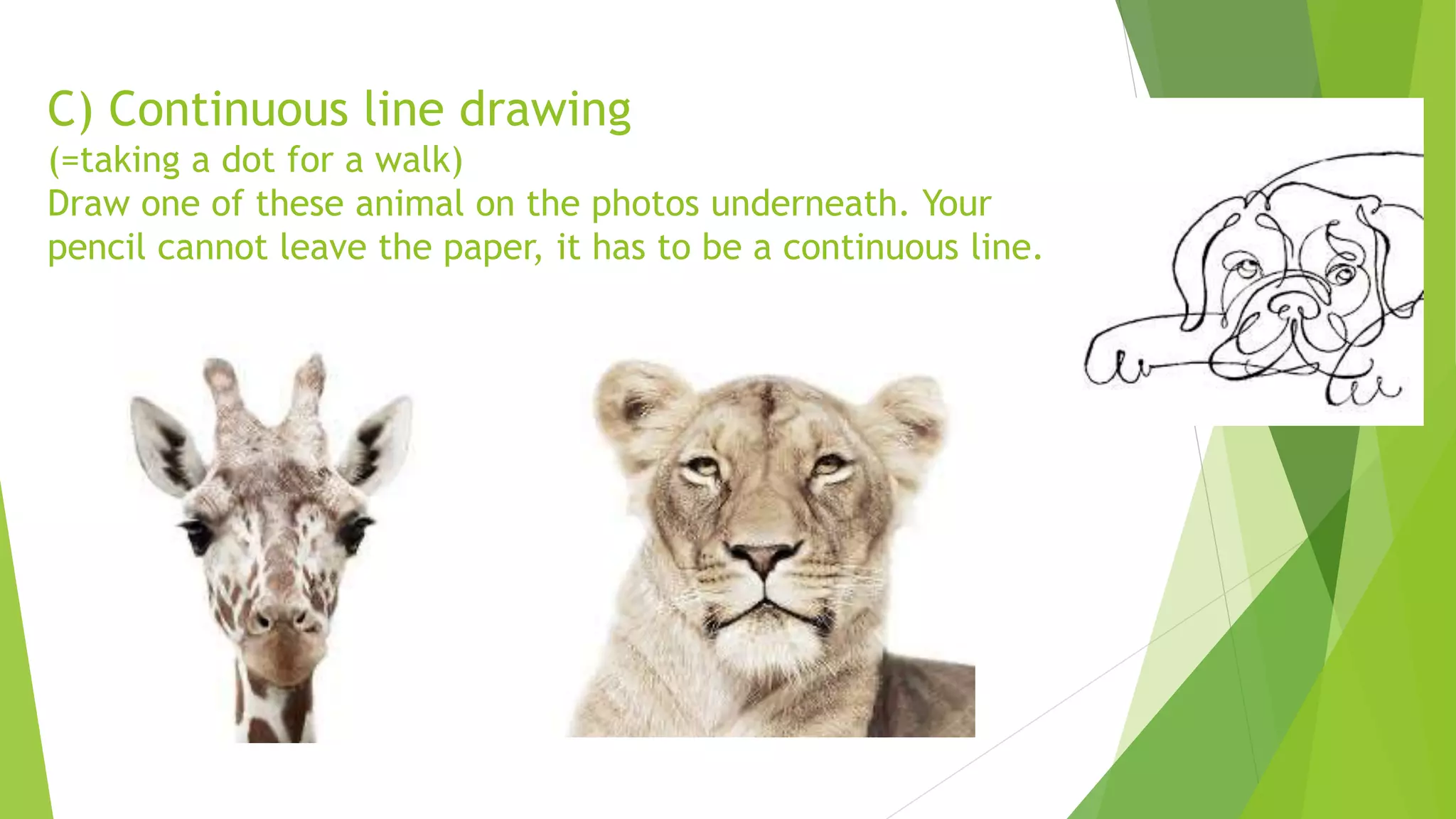 C) Continuous line drawing
(=taking a dot for a walk)
Draw one of these animal on the photos underneath. Your
pencil cannot leave the paper, it has to be a continuous line.
 