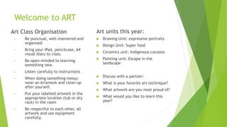 Welcome to ART
Art Class Organisation
• Be punctual, well mannered and
organised
• Bring your iPad, pencilcase, A4
visual diary to class.
• Be open-minded to learning
something new.
• Listen carefully to instructions
• When doing something messy:
wear an Artsmock and clean up
after yourself.
• Put your labelled artwork in the
appropriate location (tub or dry
rack) in the room
• Be respectful to each other, all
artwork and use equipment
carefully.
Art units this year:
 Drawing Unit: expressive portraits
 Design Unit: Super food
 Ceramics unit: Indigenous cocoons
 Painting unit: Escape in the
landscape
 Discuss with a partner:
 What is your favorite art technique?
 What artwork are you most proud of?
 What would you like to learn this
year?
 