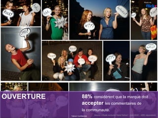 OUVERTURE 88% considèrent que la marque doit
accepter les commentaires de
la communauté.
Yahoo! Confidentiel
Photo de
Source = Etude exclusive Panel Yahoo! – Juin 2010 – 1091 répondants 
 