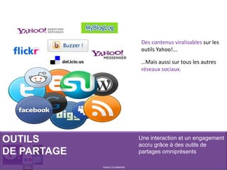 OUTILS
DE PARTAGE
Yahoo! Confidentiel
Une interaction et un engagement
accru grâce à des outils de
partages omniprésents
Des contenus viralisables sur les 
outils Yahoo!... 
…Mais aussi sur tous les autres 
réseaux sociaux.
 