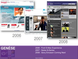 GENÈSE 2006 : Ford S-Max Experience
2007 : Nokia N-Series
2008 : Sony Ericsson Coming Next
Yahoo! Confidentiel
2006
2008
2007
 