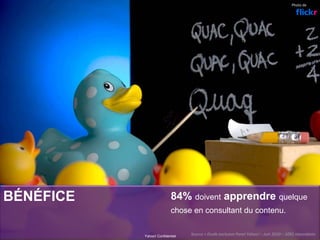 BÉNÉFICE 84% doivent apprendre quelque
chose en consultant du contenu.
Yahoo! Confidentiel
Photo de
Source = Etude exclusive Panel Yahoo! – Juin 2010 – 1091 répondants 
 