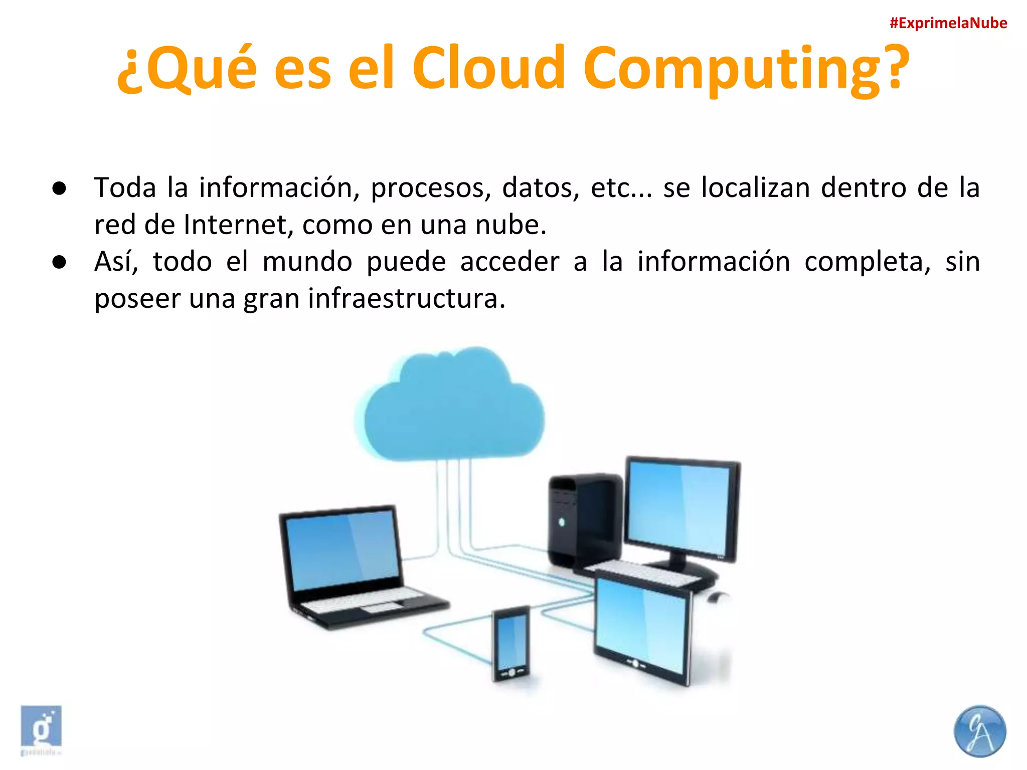 #ExprimelaNube

¿Qué es el Cloud Computing?
● Toda la información, procesos, datos, etc... se localizan dentro de la
red de Internet, como en una nube.
● Así, todo el mundo puede acceder a la información completa, sin
poseer una gran infraestructura.

 