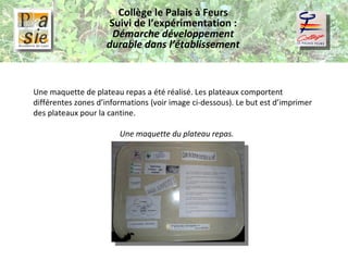 Collège le Palais à Feurs Suivi de l’expérimentation :  Démarche développement durable dans l’établissement Une maquette de plateau repas a été réalisé. Les plateaux comportent différentes zones d’informations (voir image ci-dessous). Le but est d’imprimer des plateaux pour la cantine. Une maquette du plateau repas. 