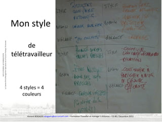 Mon style
de
télétravailleur

4 styles = 4
couleurs

Vincent BOGAERS vbogaers@soi-conseil.com – Formation Travailler et manager à distance – CG 80 / Décembre 2013

 