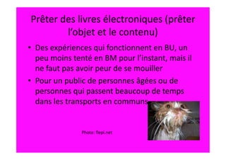 Prêter des livres électroniques (prêter
        l’objet et le contenu)
• Des expériences qui fonctionnent en BU, un
  peu moins tenté en BM pour l’instant, mais il
  ne faut pas avoir peur de se mouiller
• Pour un public de personnes âgées ou de
  personnes qui passent beaucoup de temps
  dans les transports en communs


               Photo: flepi.net
 