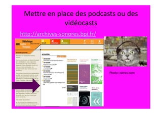 Mettre en place des podcasts ou des
             vidéocasts
http://archives-sonores.bpi.fr/




                                  Photo: zatras.com
 