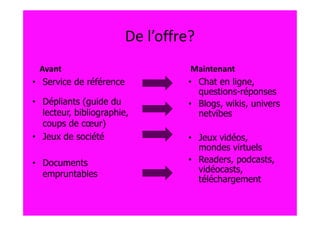De l’offre?
  Avant                            Maintenant
• Service de référence            • Chat en ligne,
                                    questions-réponses
• Dépliants (guide du             • Blogs, wikis, univers
  lecteur, bibliographie,           netvibes
  coups de cœur)
• Jeux de société                 • Jeux vidéos,
                                    mondes virtuels
• Documents                       • Readers, podcasts,
  empruntables                      vidéocasts,
                                    téléchargement
 