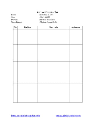 http://silvatinu.blogspot.com matalaga50@yahoo.com
LISTA CONSULTAÇÃO
Nome : Celestino da silva
Nim : 09.03.04.025
Displina : Práctica Bioquimica
Nome Docente : Mariano Amaral, L.Ed
No Dia/Data Observação Assinatura
 