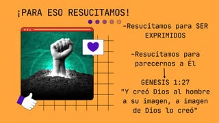 -Resucitamos para SER
EXPRIMIDOS


-Resucitamos para
parecernos a Él


GENESIS 1:27
"Y creó Dios al hombre
a su imagen, a imagen
de Dios lo creó"
¡PARA ESO RESUCITAMOS!
 