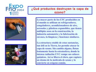 ¿Qué productos destruyen la capa de
             ozono?

   La mayor parte de los CFC producidos en
   el mundo se utilizan en refrigeradores,
   congeladores, acondicionadores de aire,
   aerosoles y plásticos expansibles, que tienen
   múltiples usos en la construcción, la
   industria automotriz y la fabricación de
   envases, la limpieza y funciones similares.

   La estructura estable de estas sustancias,
   tan útil en la Tierra, les permite atacar la
   capa de ozono. Sin cambio alguno, flotan
   lentamente hasta la estratosfera, donde la
   intensa radiación UVC rompe sus enlaces
   químicos. Así se libera el cloro, que captura
   un átomo de la molécula de ozono y lo
   convierte en oxígeno común.
 