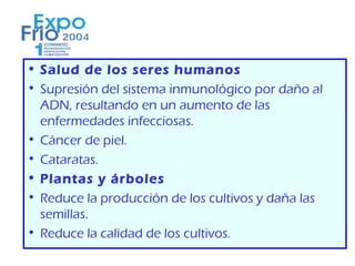 • Salud de los seres humanos
• Supresión del sistema inmunológico por daño al
  ADN, resultando en un aumento de las
  enfermedades infecciosas.
• Cáncer de piel.
• Cataratas.
• Plantas y árboles
• Reduce la producción de los cultivos y daña las
  semillas.
• Reduce la calidad de los cultivos.
 