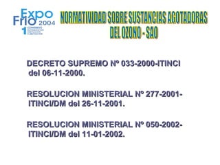DECRETO SUPREMO Nº 033-2000-ITINCI
del 06-11-2000.

RESOLUCION MINISTERIAL Nº 277-2001-
ITINCI/DM del 26-11-2001.

RESOLUCION MINISTERIAL Nº 050-2002-
ITINCI/DM del 11-01-2002.
 