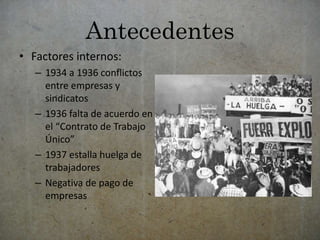 Antecedentes 
• Factores internos: 
– 1934 a 1936 conflictos 
entre empresas y 
sindicatos 
– 1936 falta de acuerdo en 
el “Contrato de Trabajo 
Único” 
– 1937 estalla huelga de 
trabajadores 
– Negativa de pago de 
empresas 
 