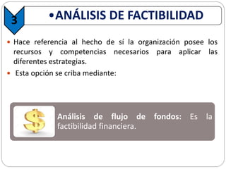  Hace referencia al hecho de sí la organización posee los
recursos y competencias necesarios para aplicar las
diferentes estrategias.
 Esta opción se criba mediante:
3 •ANÁLISIS DE FACTIBILIDAD
Análisis de flujo de fondos: Es la
factibilidad financiera.
 