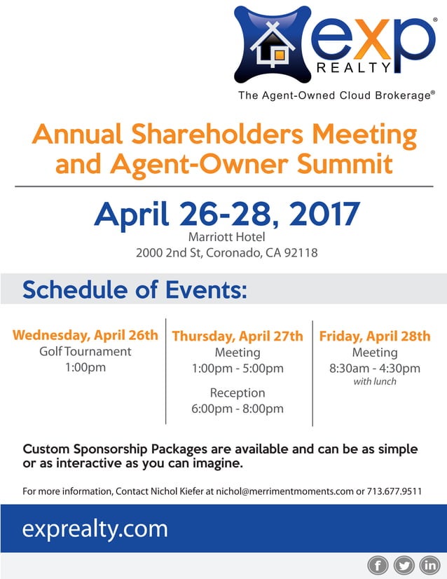 Exp Realty Shareholders Meeting and Agent Summit Sponsorship Opportunities