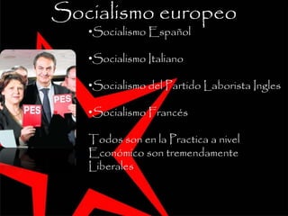 •Socialismo Español
•Socialismo Italiano
•Socialismo del Partido Laborista Ingles
•Socialismo Francés
Todos son en la Practica a nivel
Económico son tremendamente
Liberales
Socialismo europeo
 