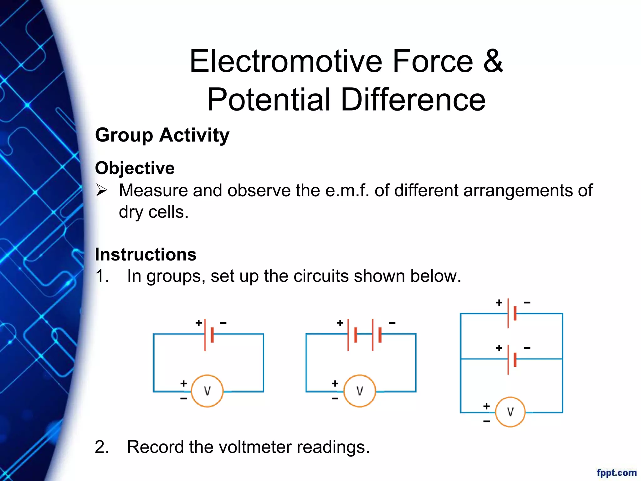 Electromotive Force &
Potential Difference
Group Activity
Objective
 Measure and observe the e.m.f. of different arrangements of
dry cells.
Instructions
1. In groups, set up the circuits shown below.
2. Record the voltmeter readings.
+ −
+ −
+
−
+ −
+
−
+ −
+
−
 