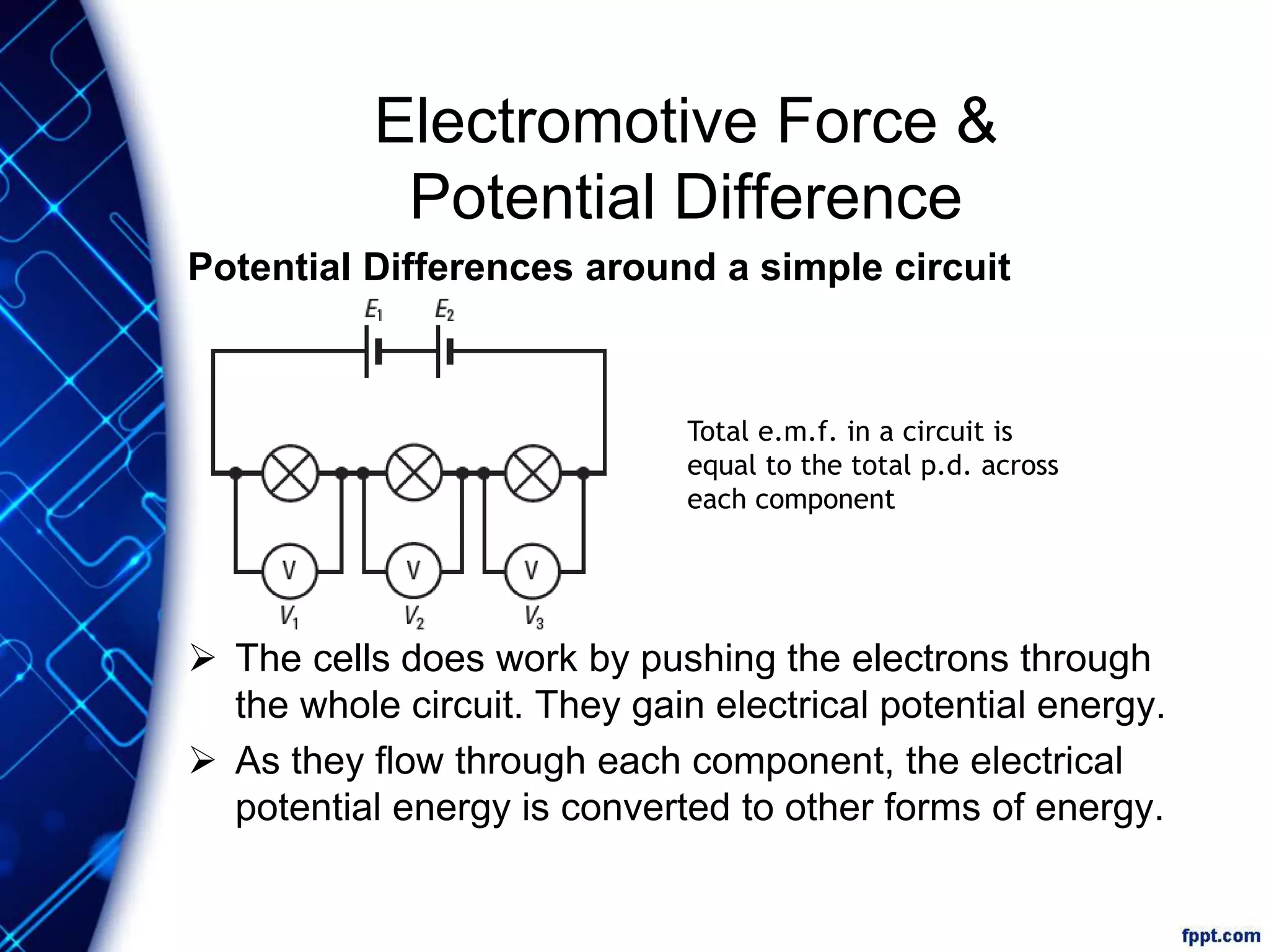Electromotive Force &
Potential Difference
Potential Differences around a simple circuit
 The cells does work by pushing the electrons through
the whole circuit. They gain electrical potential energy.
 As they flow through each component, the electrical
potential energy is converted to other forms of energy.
Total e.m.f. in a circuit is
equal to the total p.d. across
each component
 