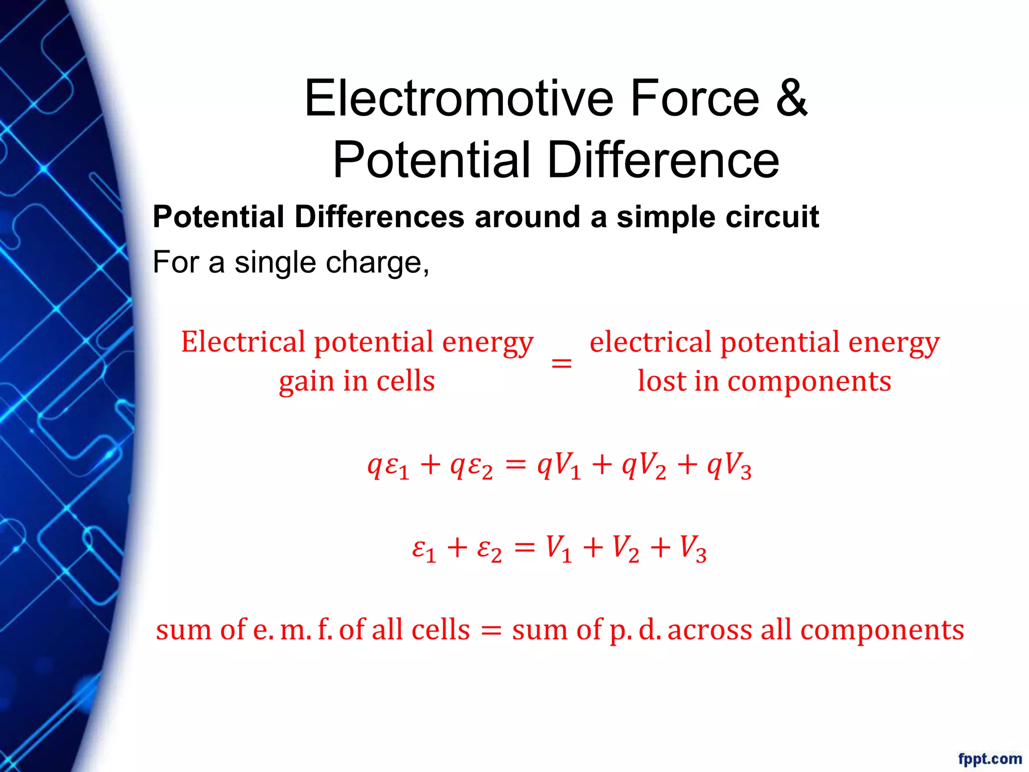 Electromotive Force &
Potential Difference
Potential Differences around a simple circuit
For a single charge,
Electrical potential energy
gain in cells
=
electrical potential energy
lost in components
𝑞𝜀1 + 𝑞𝜀2 = 𝑞𝑉1 + 𝑞𝑉2 + 𝑞𝑉3
𝜀1 + 𝜀2 = 𝑉1 + 𝑉2 + 𝑉3
sum of e. m. f. of all cells = sum of p. d. across all components
 