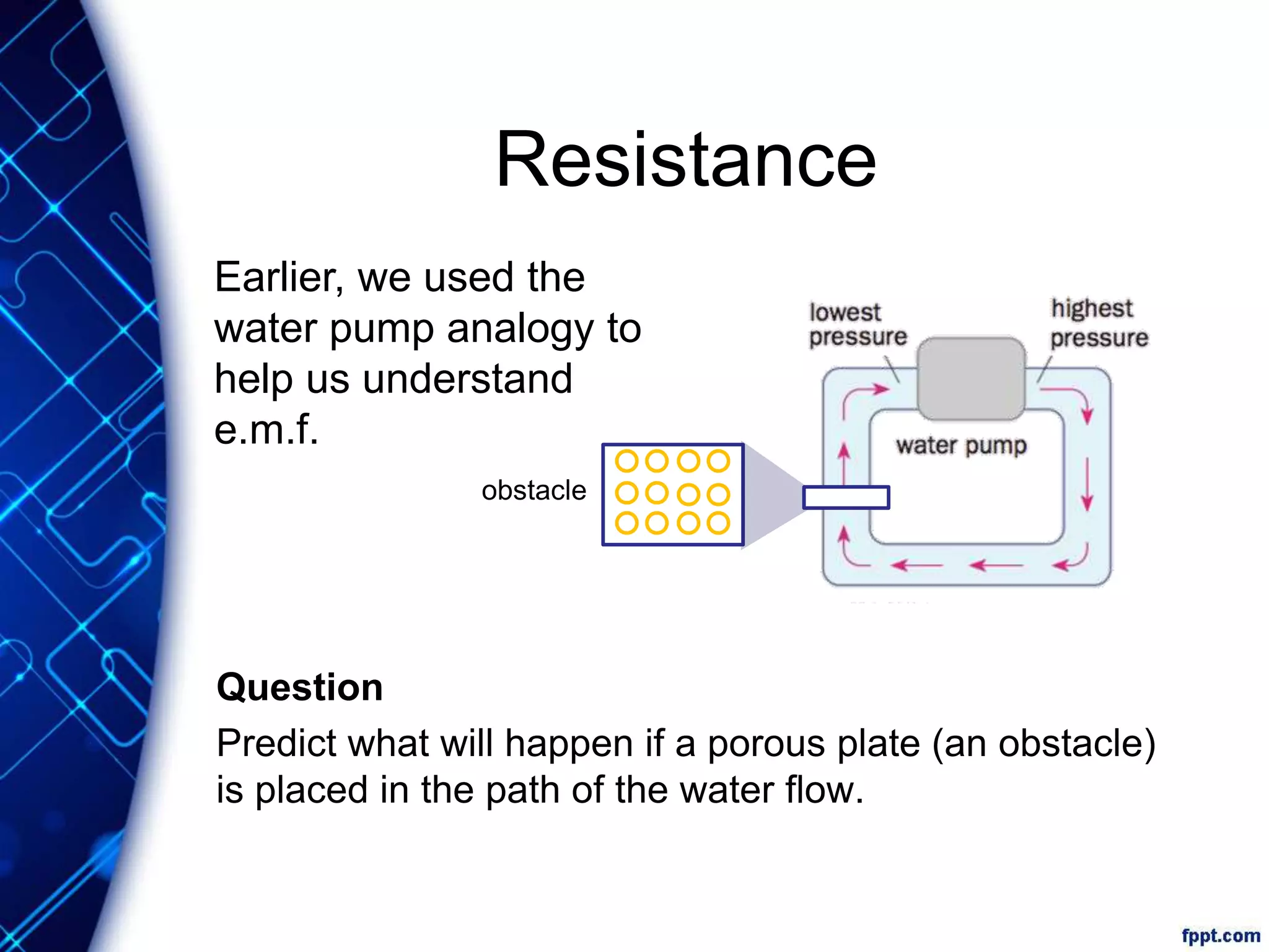 Resistance
Question
Predict what will happen if a porous plate (an obstacle)
is placed in the path of the water flow.
Earlier, we used the
water pump analogy to
help us understand
e.m.f.
obstacle
 