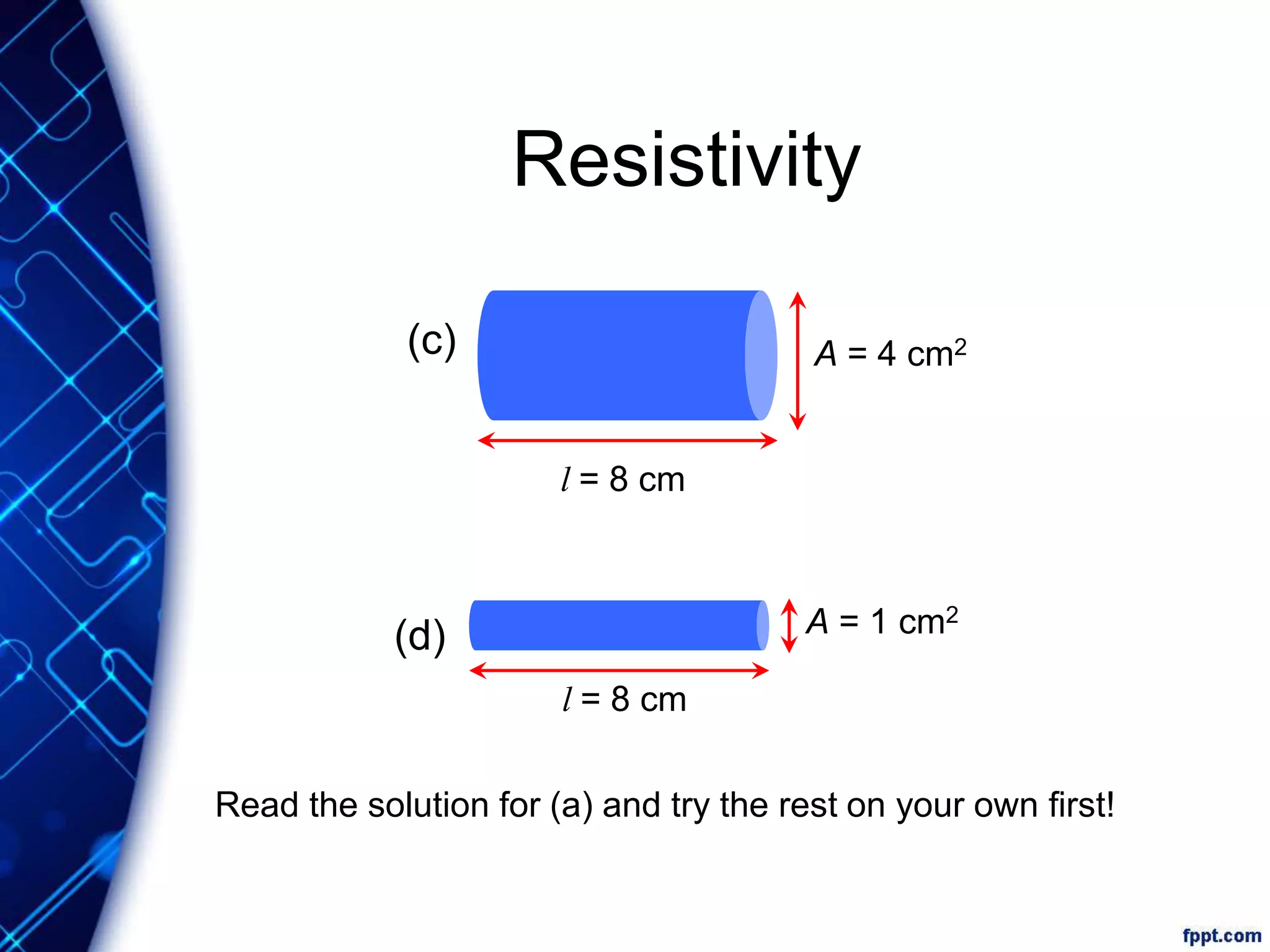 Resistivity
l = 8 cm
A = 4 cm2(c)
l = 8 cm
A = 1 cm2
(d)
Read the solution for (a) and try the rest on your own first!
 