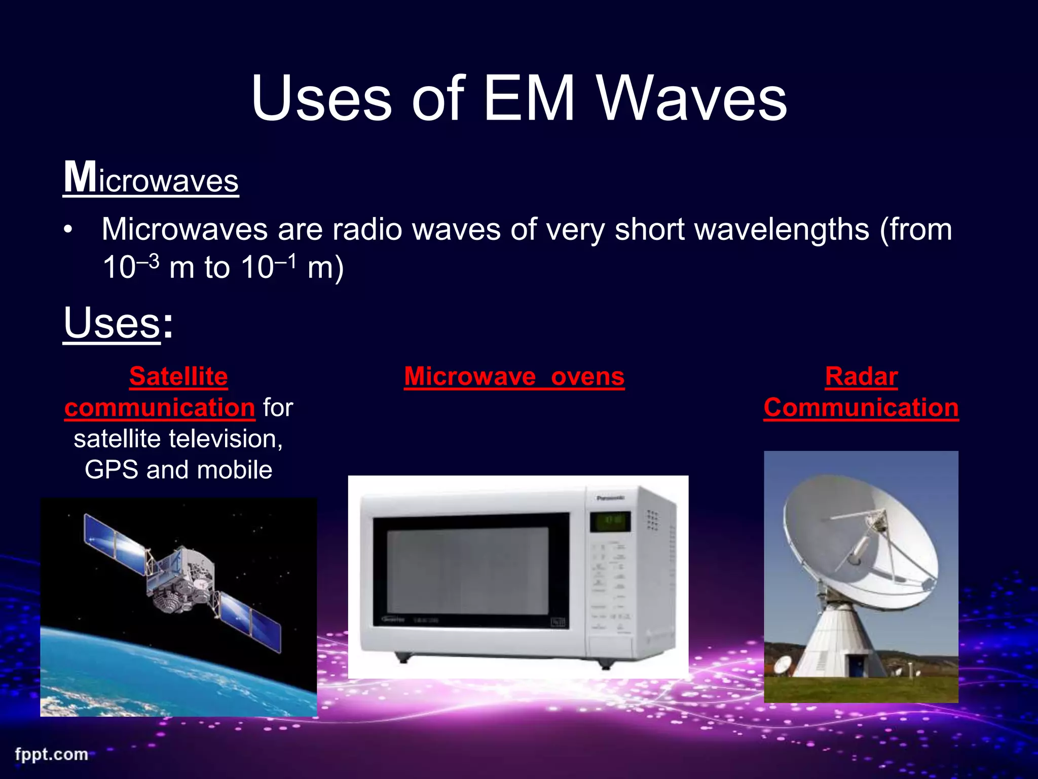 Uses of EM Waves
Microwaves
• Microwaves are radio waves of very short wavelengths (from
10–3 m to 10–1 m)
Uses:
Satellite
communication for
satellite television,
GPS and mobile
Microwave ovens Radar
Communication
 