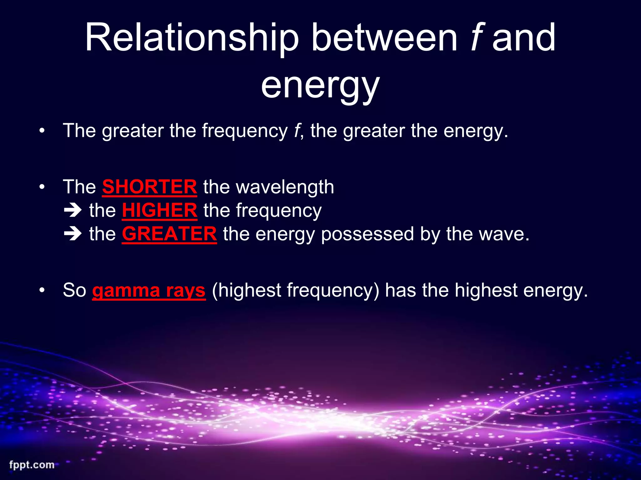 Relationship between f and
energy
• The greater the frequency f, the greater the energy.
• The SHORTER the wavelength
 the HIGHER the frequency
 the GREATER the energy possessed by the wave.
• So gamma rays (highest frequency) has the highest energy.
 
