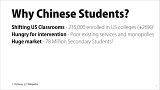 Why Chinese Students?
Shifting US Classrooms - 235,000 enrolled in US colleges (+26%)1
Hungry for intervention - Poor exis...