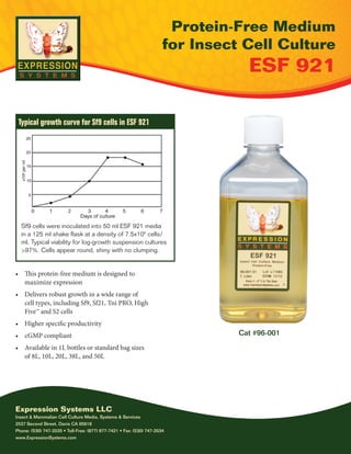 Typical growth curve for Sf9 cells in ESF 921 
• This protein-free medium is designed to 
maximize expression 
• Delivers robust growth in a wide range of 
cell types, including Sf9, Sf21, Tni PRO, High 
Five™ and S2 cells 
• Higher specific productivity 
• cGMP compliant 
• Available in 1L bottles or standard bag sizes 
of 8L, 10L, 20L, 38L, and 50L 
Protein-Free Medium 
for Insect Cell Culture 
Expression Systems LLC 
Insect & Mammalian Cell Culture Media, Systems & Services 
2537 Second Street, Davis CA 95618 
Phone: (530) 747-2035 • Toll-Free: (877) 877-7421 • Fax: (530) 747-2034 
www.ExpressionSystems.com 
ESF 921 
Cat #96-001 
Sf9 cells were inoculated into 50 ml ESF 921 media 
in a 125 ml shake flask at a density of 7.5x105 cells/ 
ml. Typical viability for log-growth suspension cultures 
>97%. Cells appear round, shiny with no clumping. 
