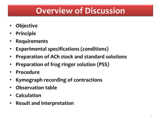 Overview of Discussion
• Objective
• Principle
• Requirements
• Experimental specifications (conditions)
• Preparation of ACh stock and standard solutions
• Preparation of frog ringer solution (PSS)
• Procedure
• Kymograph recording of contractions
• Observation table
• Calculation
• Result and interpretation
2
 