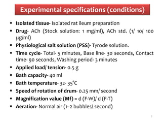 Experimental specifications (conditions)
 Isolated tissue- Isolated rat ileum preparation
 Drug- ACh (Stock solution: 1 mg/ml), ACh std. (1/ 10/ 100
μg/ml)
 Physiological salt solution (PSS)- Tyrode solution.
 Time cycle- Total- 5 minutes, Base line- 30 seconds, Contact
time- 90 seconds, Washing period- 3 minutes
 Applied load/ tension- 0.5 g
 Bath capacity- 40 ml
 Bath temperature- 32- 35°C
 Speed of rotation of drum- 0.25 mm/ second
 Magnification value (Mf) = d (F-W)/ d (F-T)
 Aeration- Normal air (1- 2 bubbles/ second)
7
 