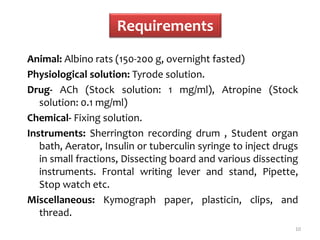 Requirements
Animal: Albino rats (150-200 g, overnight fasted)
Physiological solution: Tyrode solution.
Drug- ACh (Stock solution: 1 mg/ml), Atropine (Stock
solution: 0.1 mg/ml)
Chemical- Fixing solution.
Instruments: Sherrington recording drum , Student organ
bath, Aerator, Insulin or tuberculin syringe to inject drugs
in small fractions, Dissecting board and various dissecting
instruments. Frontal writing lever and stand, Pipette,
Stop watch etc.
Miscellaneous: Kymograph paper, plasticin, clips, and
thread.
10
 
