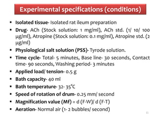 Experimental specifications (conditions)
 Isolated tissue- Isolated rat ileum preparation
 Drug- ACh (Stock solution: 1 mg/ml), ACh std. (1/ 10/ 100
μg/ml), Atropine (Stock solution: 0.1 mg/ml), Atropine std. (2
μg/ml)
 Physiological salt solution (PSS)- Tyrode solution.
 Time cycle- Total- 5 minutes, Base line- 30 seconds, Contact
time- 90 seconds, Washing period- 3 minutes
 Applied load/ tension- 0.5 g
 Bath capacity- 40 ml
 Bath temperature- 32- 35°C
 Speed of rotation of drum- 0.25 mm/ second
 Magnification value (Mf) = d (F-W)/ d (F-T)
 Aeration- Normal air (1- 2 bubbles/ second) 11
 