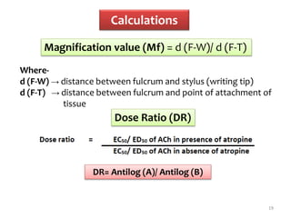 Calculations
19
Magnification value (Mf) = d (F-W)/ d (F-T)
Where-
d (F-W) → distance between fulcrum and stylus (writing tip)
d (F-T) → distance between fulcrum and point of attachment of
tissue
Dose Ratio (DR)
DR= Antilog (A)/ Antilog (B)
 