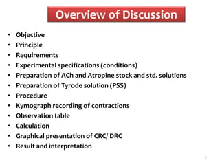 Overview of Discussion
• Objective
• Principle
• Requirements
• Experimental specifications (conditions)
• Preparation of ACh and Atropine stock and std. solutions
• Preparation of Tyrode solution (PSS)
• Procedure
• Kymograph recording of contractions
• Observation table
• Calculation
• Graphical presentation of CRC/ DRC
• Result and interpretation
2
 