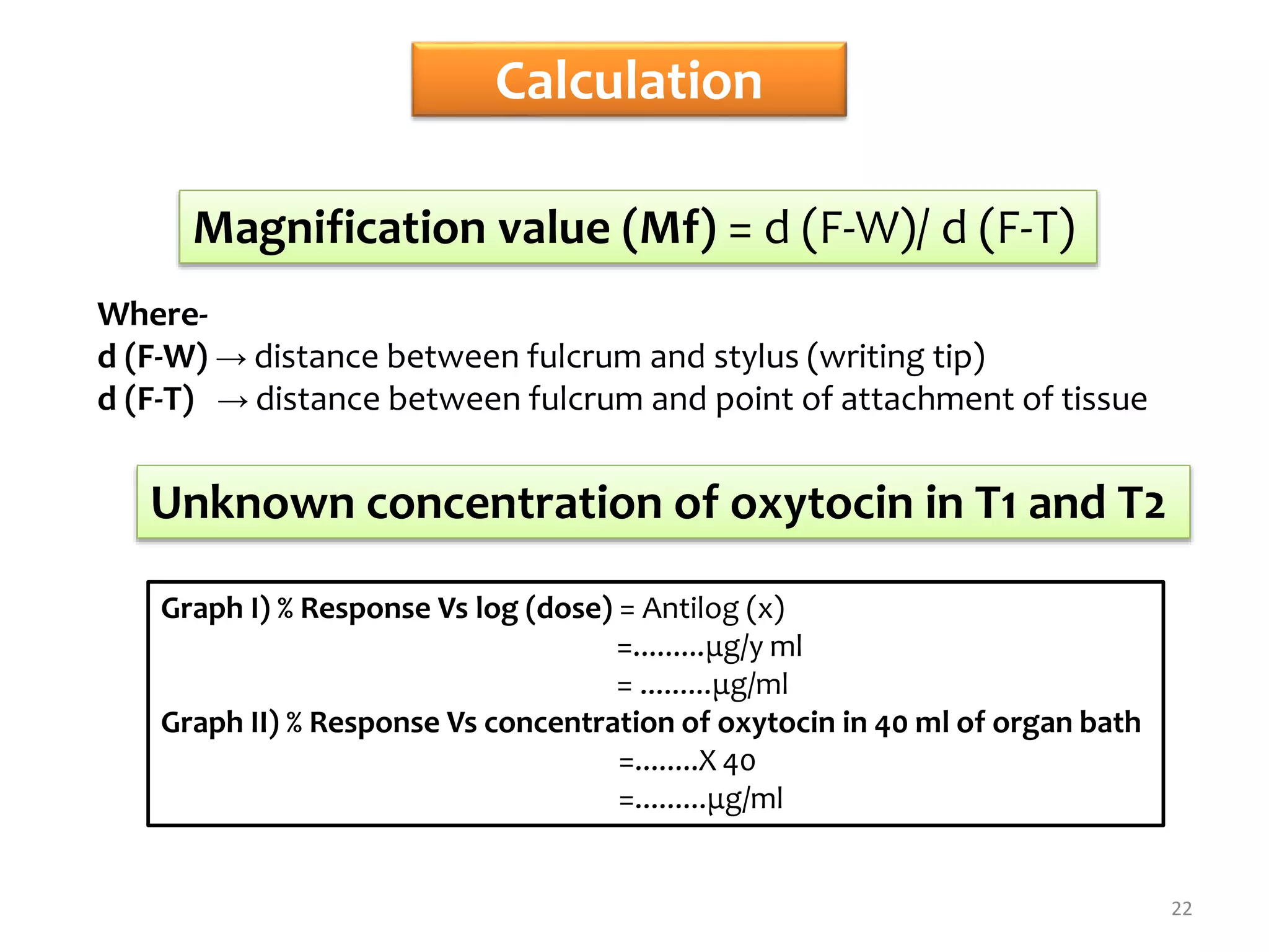 Calculation
22
Magnification value (Mf) = d (F-W)/ d (F-T)
Where-
d (F-W) → distance between fulcrum and stylus (writing tip)
d (F-T) → distance between fulcrum and point of attachment of tissue
Unknown concentration of oxytocin in T1 and T2
Graph I) % Response Vs log (dose) = Antilog (x)
=.........μg/y ml
= .........μg/ml
Graph II) % Response Vs concentration of oxytocin in 40 ml of organ bath
=........X 40
=.........μg/ml
 
