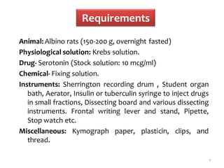 Requirements
Animal: Albino rats (150-200 g, overnight fasted)
Physiological solution: Krebs solution.
Drug- Serotonin (Stock solution: 10 mcg/ml)
Chemical- Fixing solution.
Instruments: Sherrington recording drum , Student organ
bath, Aerator, Insulin or tuberculin syringe to inject drugs
in small fractions, Dissecting board and various dissecting
instruments. Frontal writing lever and stand, Pipette,
Stop watch etc.
Miscellaneous: Kymograph paper, plasticin, clips, and
thread.
7
 